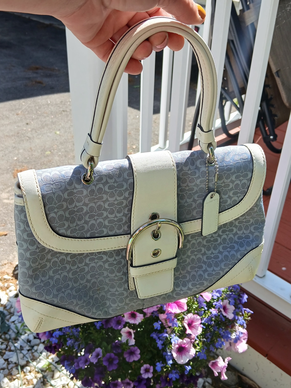 Coach Hard To Find "C" Authentic Sky Blue Signature C Jacquard Hand Bag - Picture 4 of 15